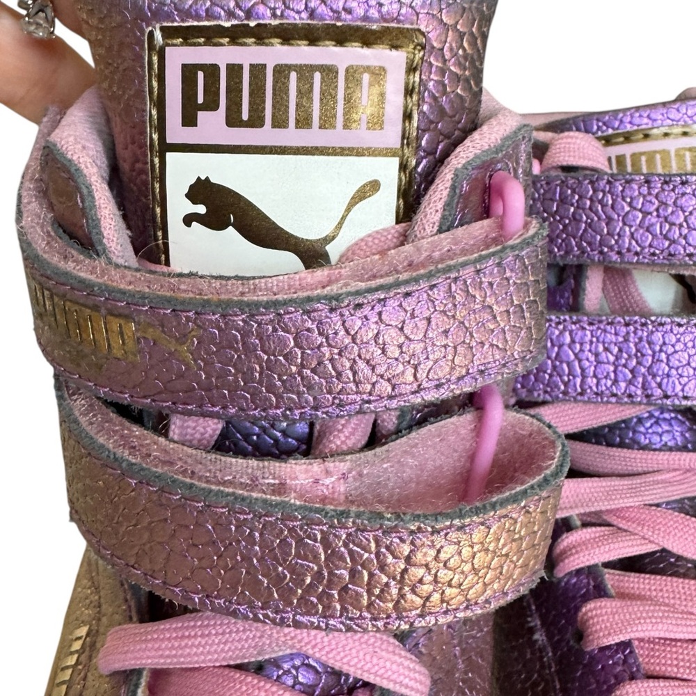 Puma Purple Metallic High-Top Sneakers with Pink Laces and Gold Stripe - Picture 3 of 9